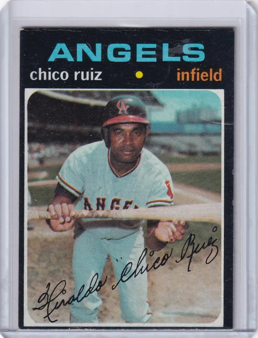1971 Topps Baseball card of Chico Ruiz, infielder for California Angels in batting stance