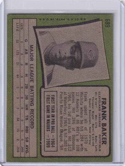 1971 Topps Baseball card of Frank Baker with black and white portrait and stats, Cleveland Indians
