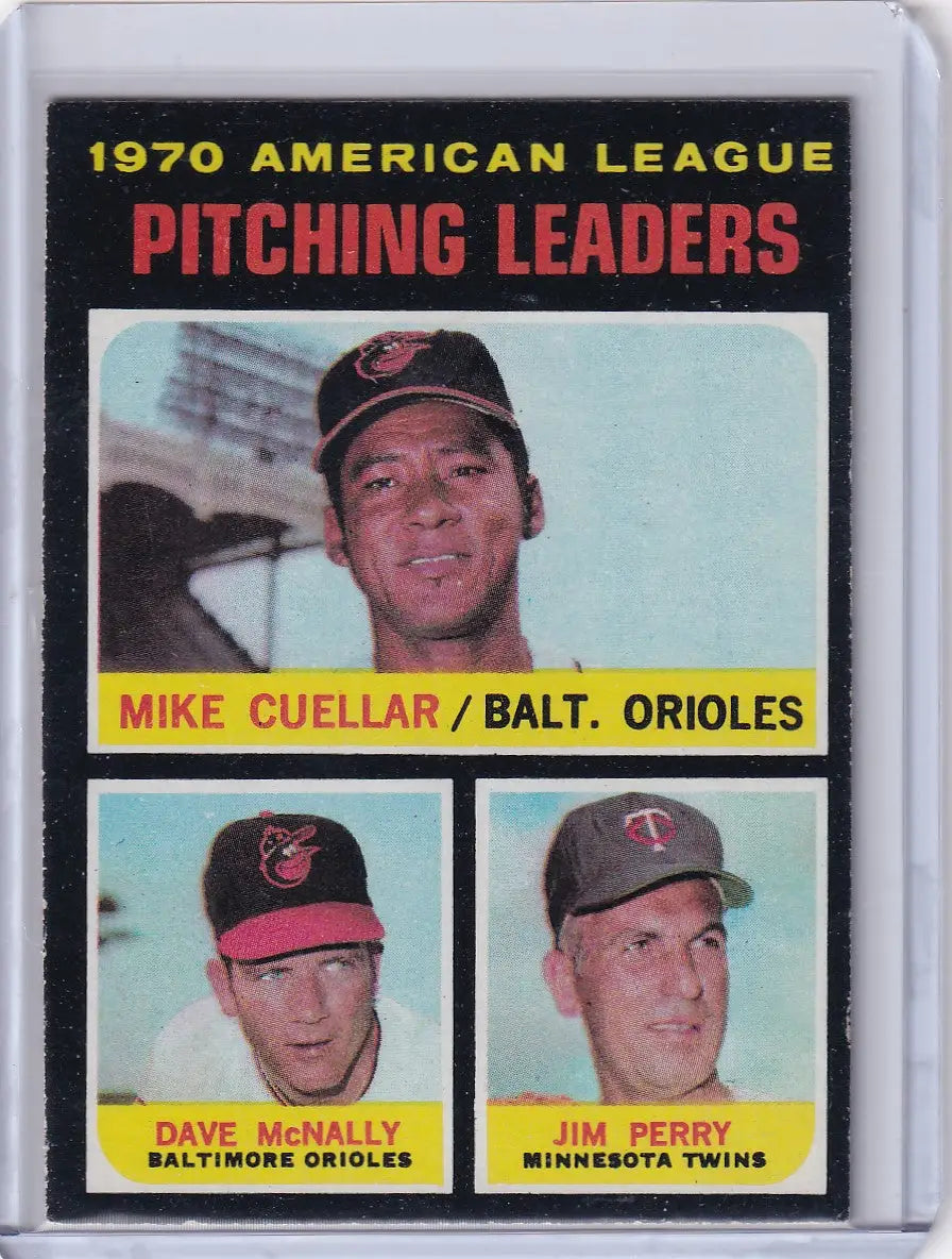 Topps Baseball card showing 1970 AL pitching leaders Cuellar, McNally, and Perry