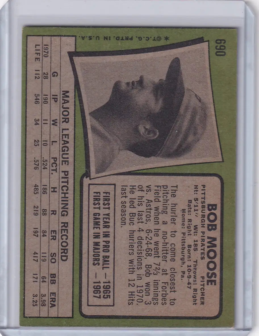 Vintage Bob Moose baseball card from 1971 Topps Baseball featuring Pittsburgh Pirates pitcher