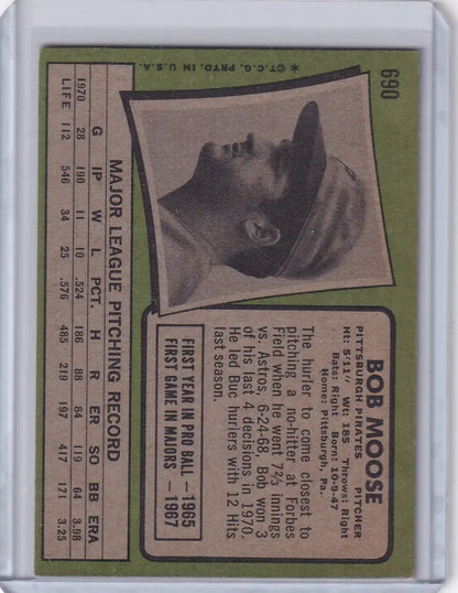 Vintage Bob Moose baseball card from 1971 Topps Baseball featuring Pittsburgh Pirates pitcher