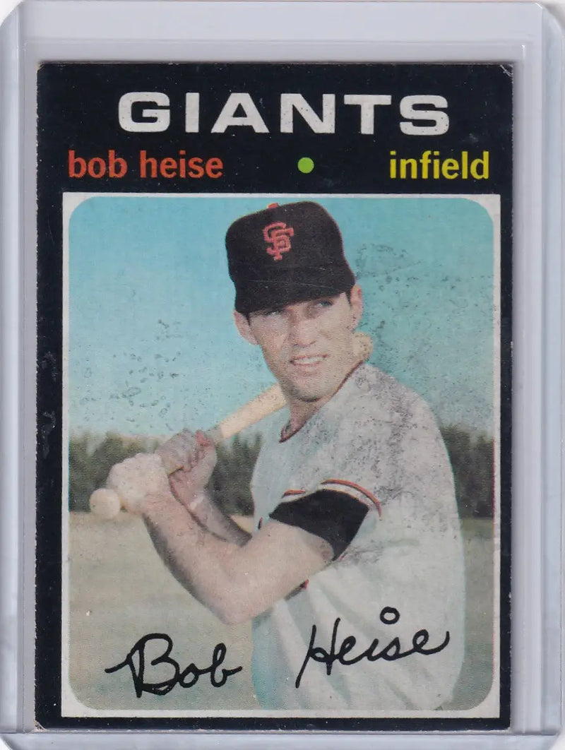 1971 Topps Baseball card of Bob Heise, San Francisco Giants infielder in batting stance