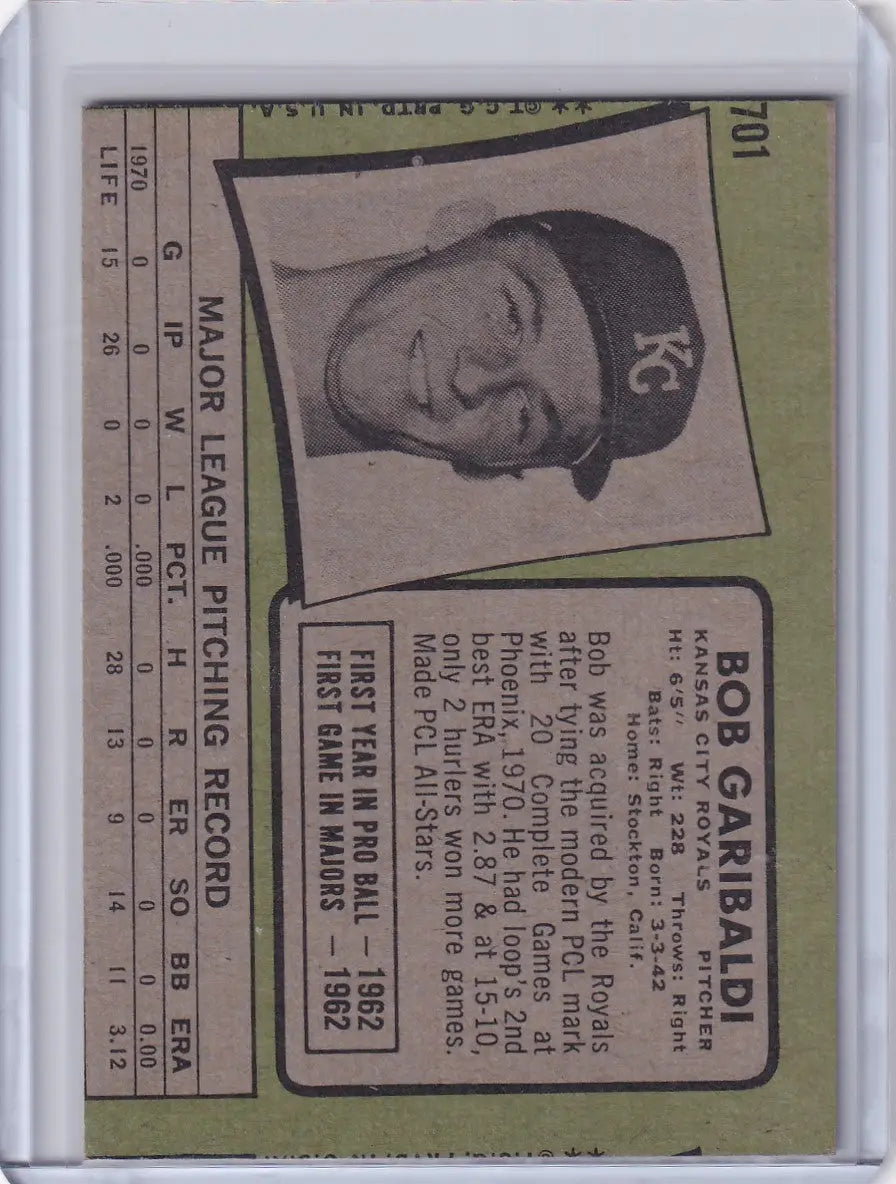 1971 Topps Baseball #701 Bob Garibaldi - Kansas City Royals - Baseball Card Single