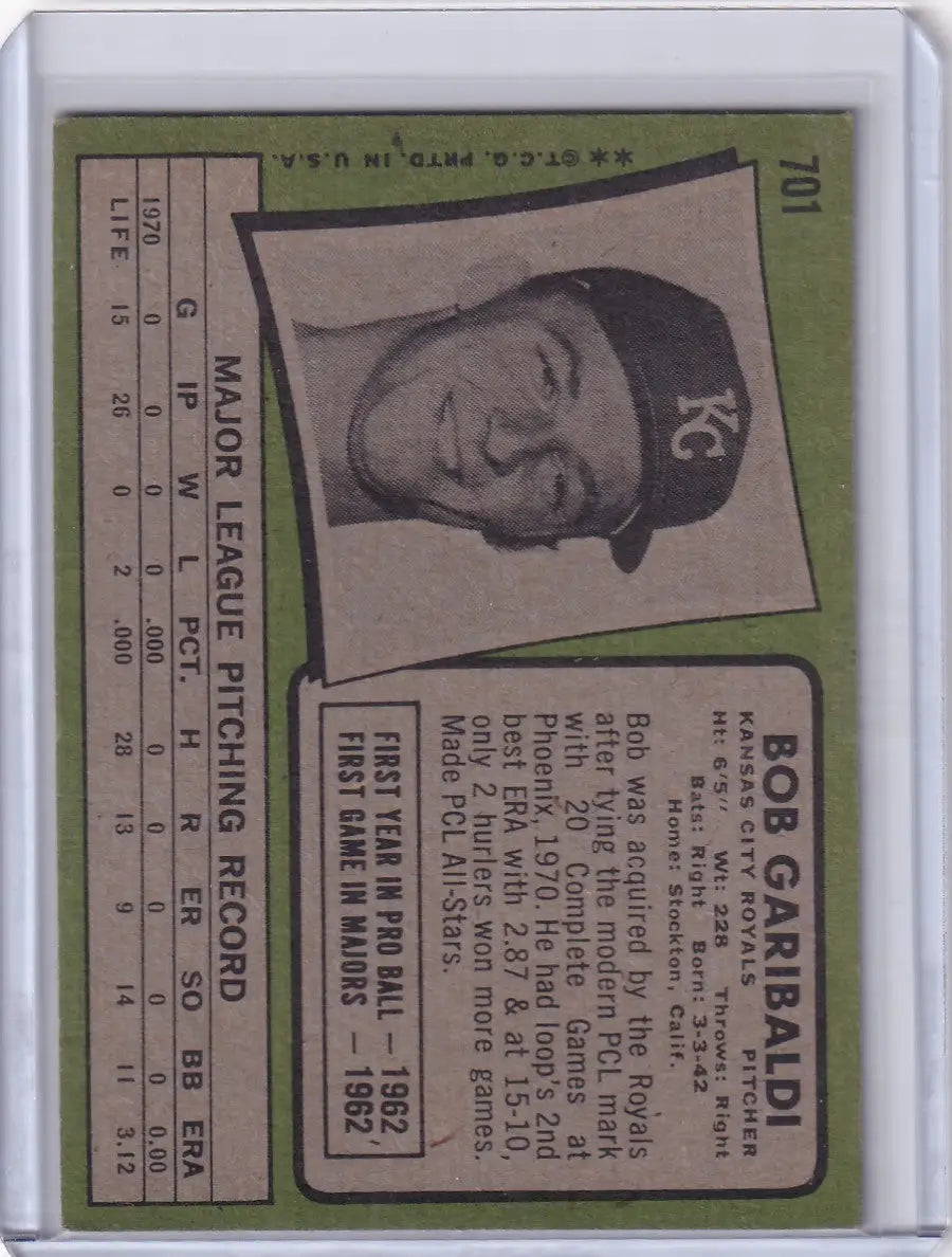 1971 Topps Baseball #701 Bob Garibaldi - Kansas City Royals