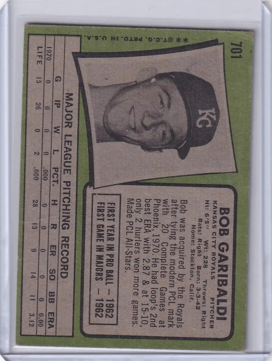 Baseball card of Bob Garibaldi in cap with NY for Kansas City Royals Topps Baseball