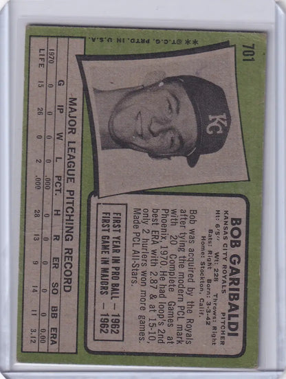 Baseball card of Bob Garibaldi in cap with NY for Kansas City Royals Topps Baseball