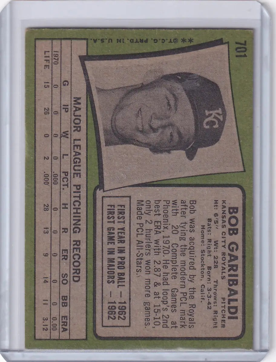 1971 Topps Baseball #701 Bob Garibaldi - Kansas City Royals - Baseball Card Single