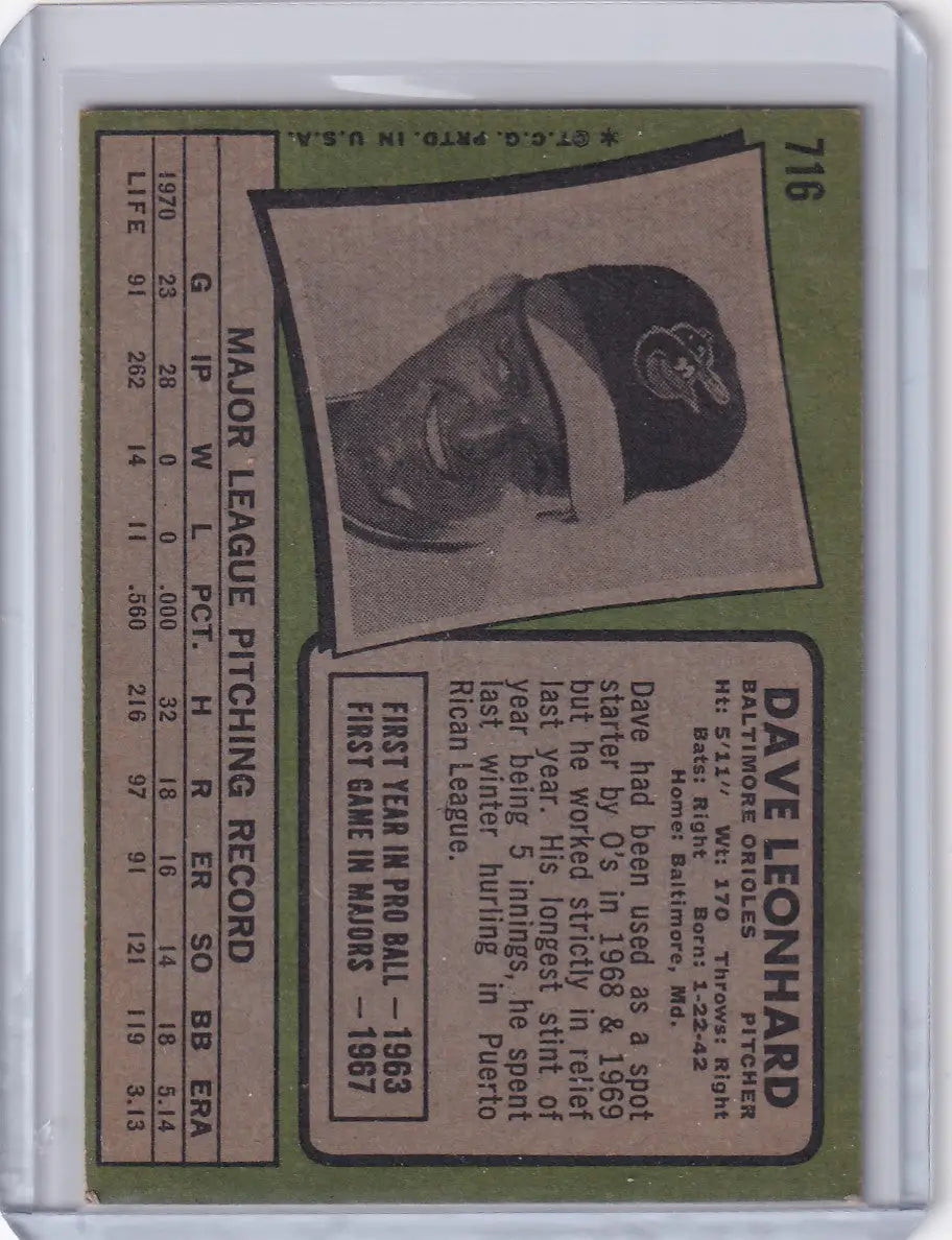 Vintage 1971 Topps Baseball card featuring Dave Leonhard of the Baltimore Orioles