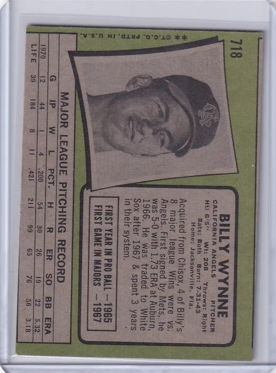 Vintage Topps Baseball card of Billy Wynne, California Angels, black and white portrait