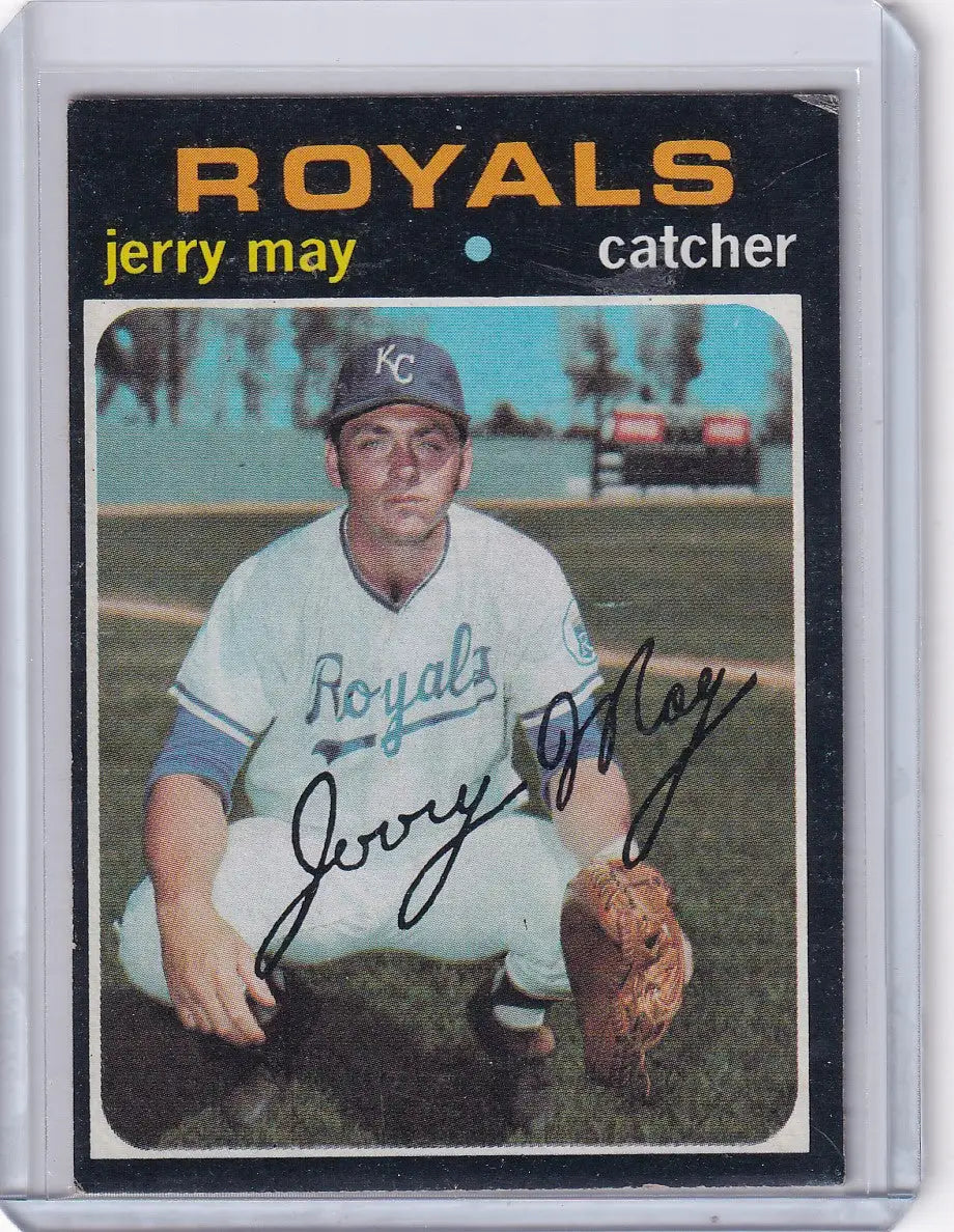 1971 Topps Baseball card of Kansas City Royals catcher Jerry May in uniform