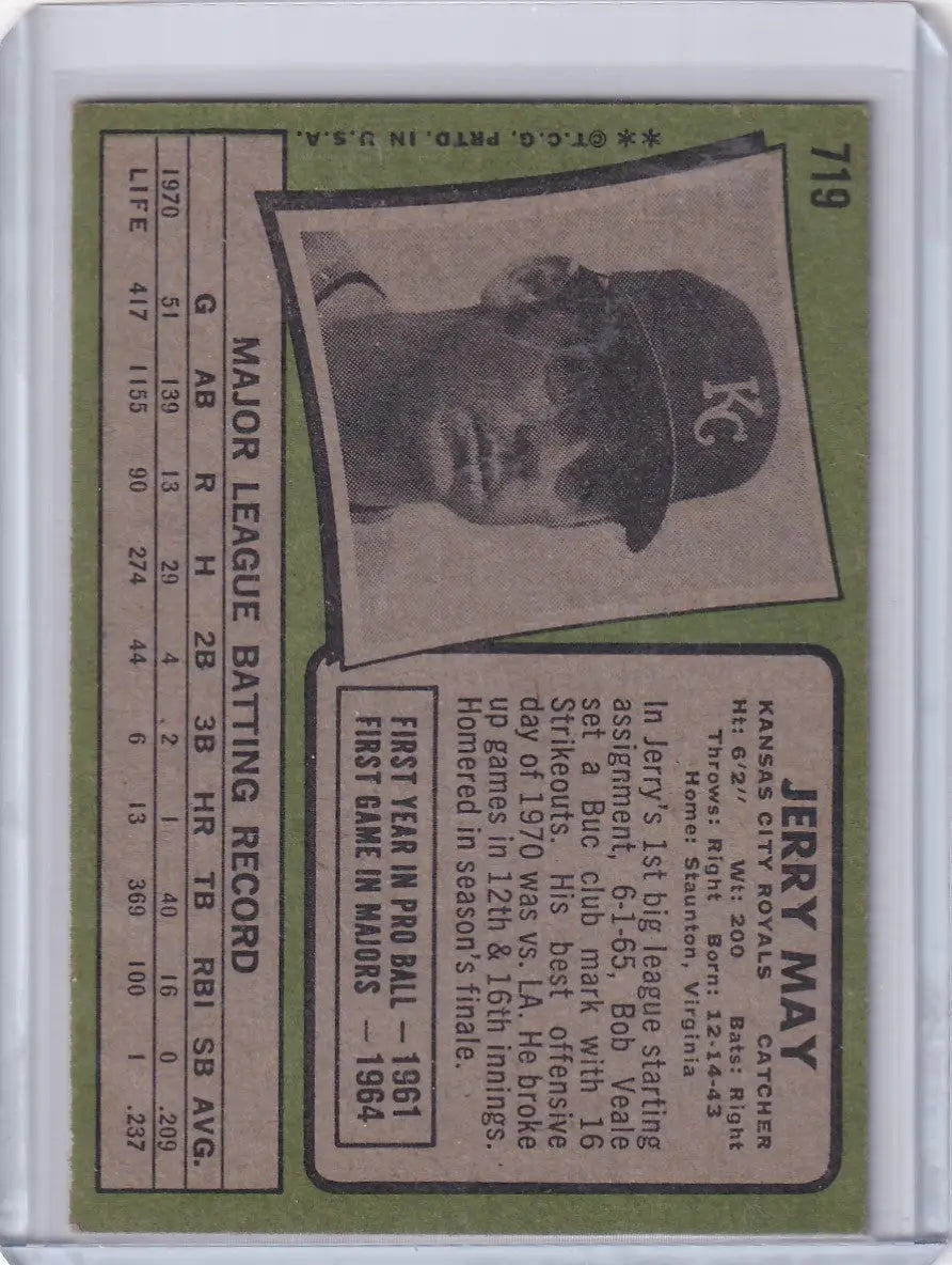 Vintage 1971 Topps Baseball card featuring Jerry May of the Kansas City Royals