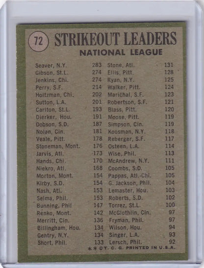 1971 Topps Baseball card featuring NL strikeout leaders statistics Seaver Gibson Jenkins