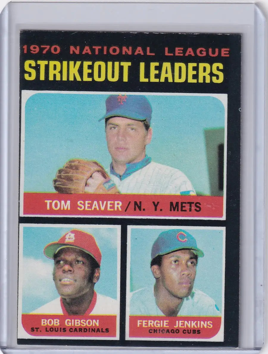 1971 Topps Baseball #72 card of 1970 NL Strikeout Leaders Seaver, Gibson, Jenkins