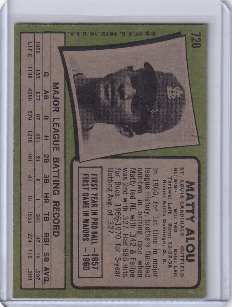 1971 Topps Baseball #720 Matty Alou - St. Louis Cardinals - Baseball Card Single
