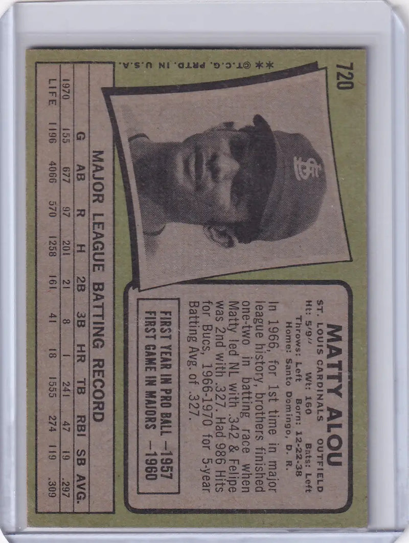 1971 Topps Baseball card of Matty Alou with St. Louis Cardinals in dark cap