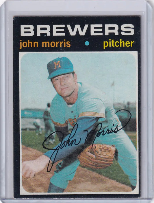 Vintage 1971 Topps Baseball card of John Morris in Milwaukee Brewers light blue uniform