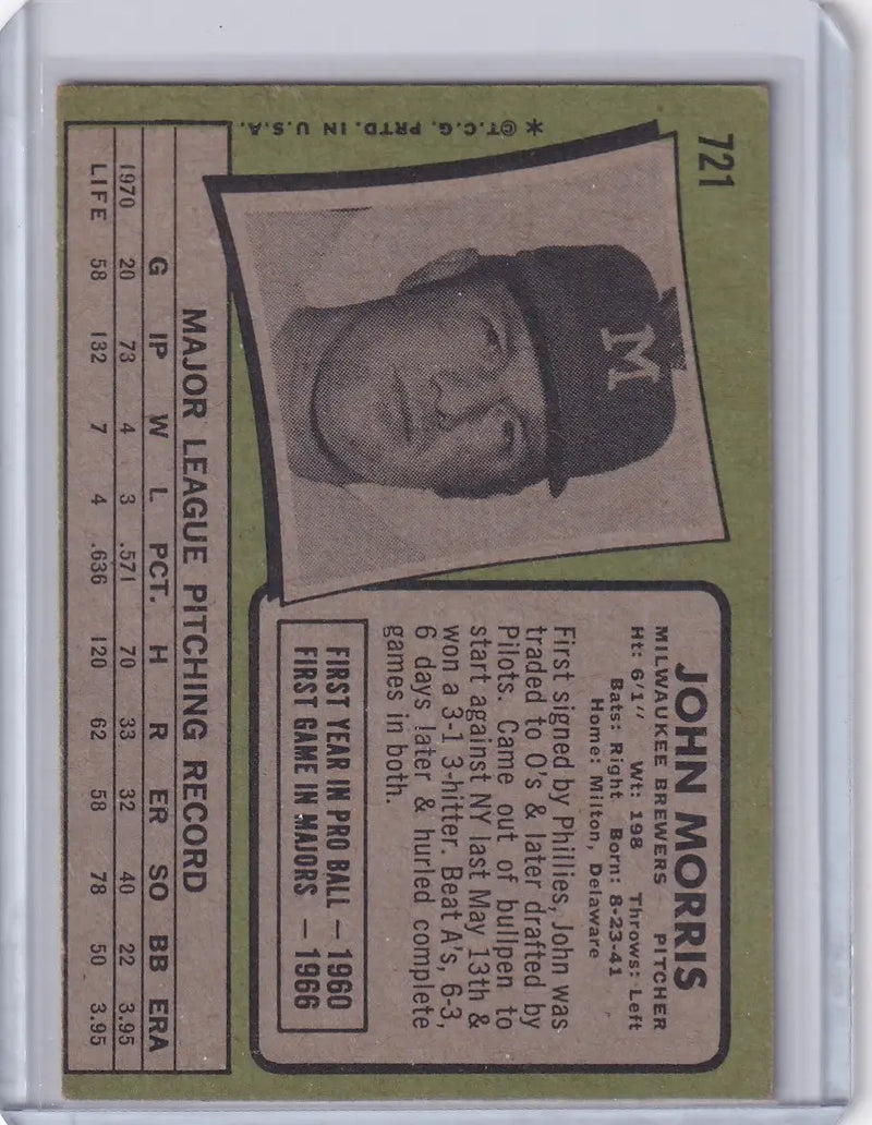 Vintage 1971 Topps Baseball card featuring John Morris of the Milwaukee Brewers