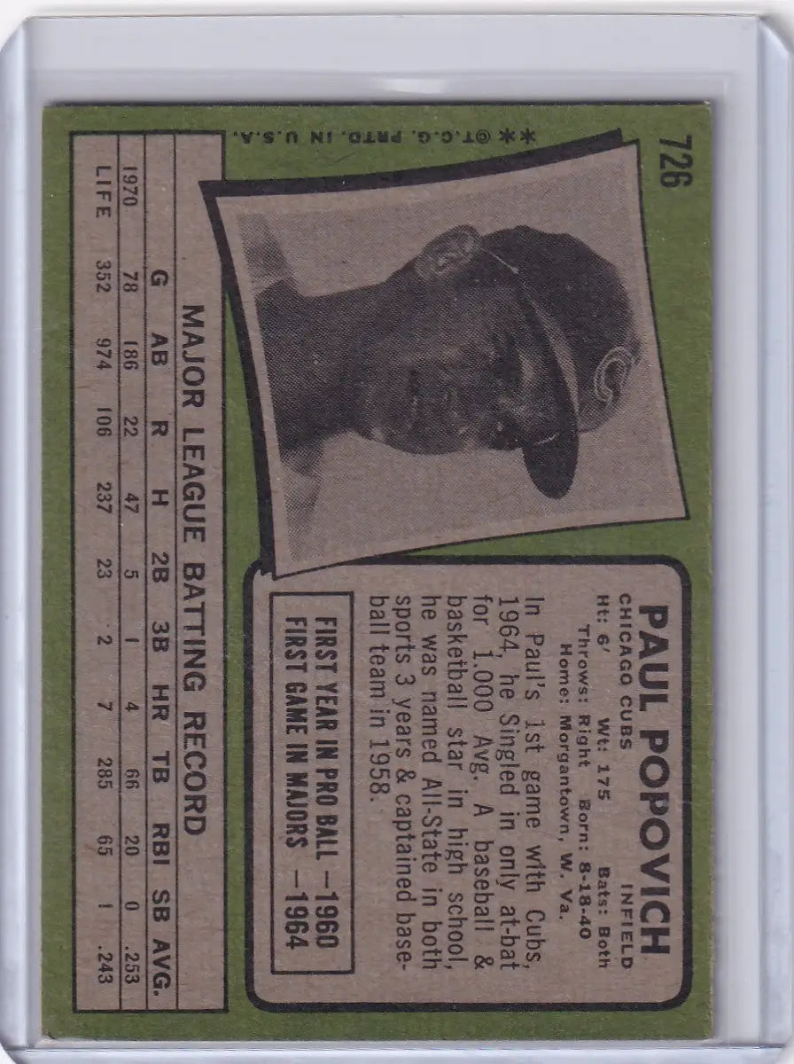 1971 Topps Baseball #726 Paul Popovich - Chicago Cubs