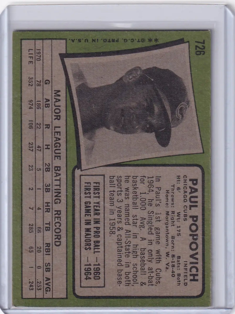 1971 Topps Baseball #726 Paul Popovich - Chicago Cubs