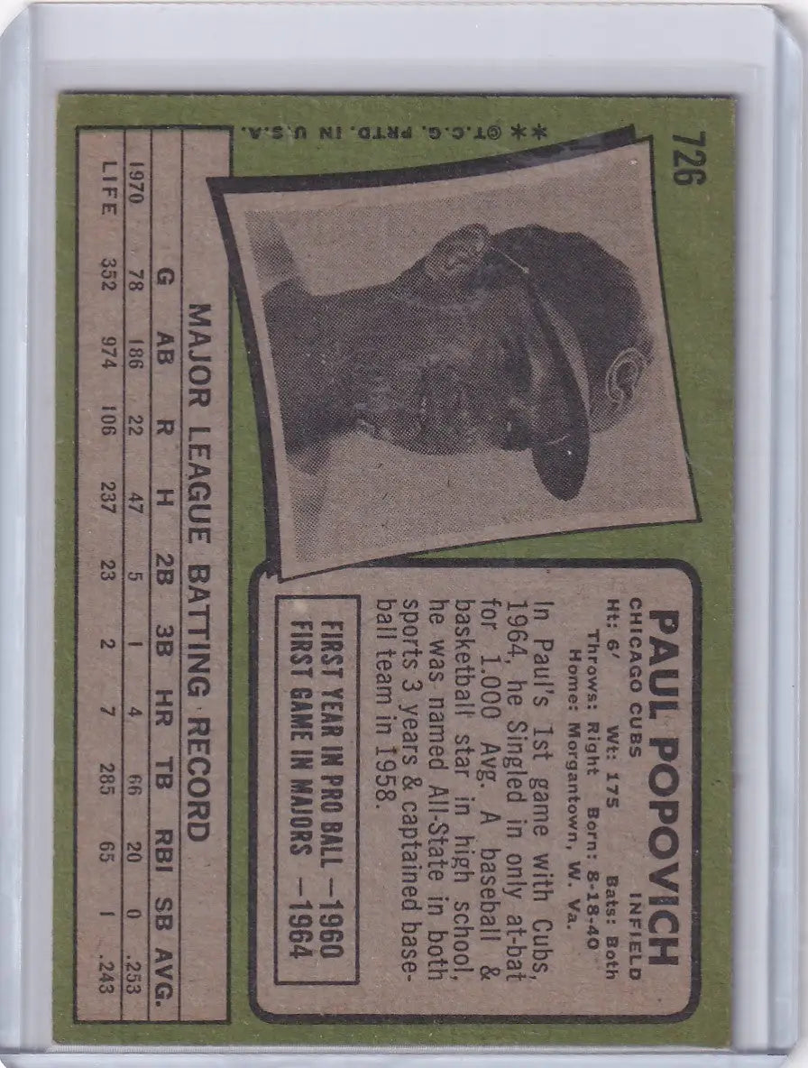 1971 Topps Baseball #726 Paul Popovich - Chicago Cubs
