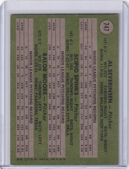 Vintage Topps baseball card featuring Rookie Pitchers Severinsen, Spinks, and Moore statistics