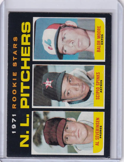 1971 Topps Baseball card showcasing rookie pitchers - Severinsen, Spinks, Moore headshots