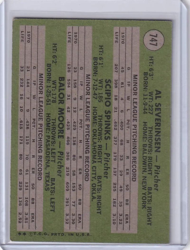 1971 Topps Baseball #747 NL Rookie Pitchers - Severinsen / Spinks / Moore
