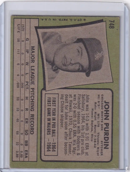 Vintage 1971 Topps Baseball #748 John Purdin card in a protective case, Chicago White Sox
