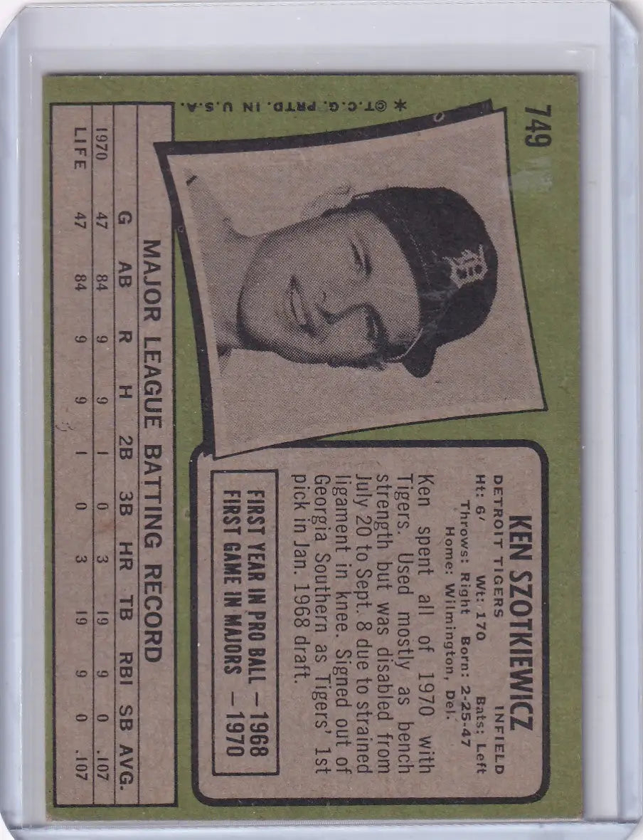 1971 Topps Baseball #749 Ken Szotkiewicz - Detroit Tigers RC - Baseball Card Single