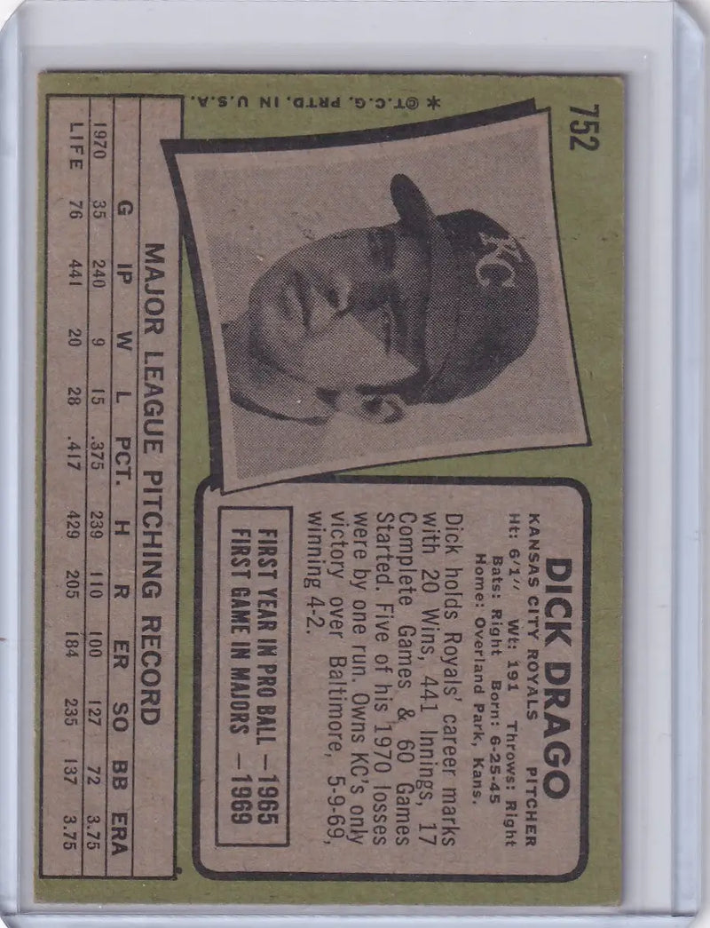 1971 Topps Baseball #752 Dick Drago - Kansas City Royals - Baseball Card Single