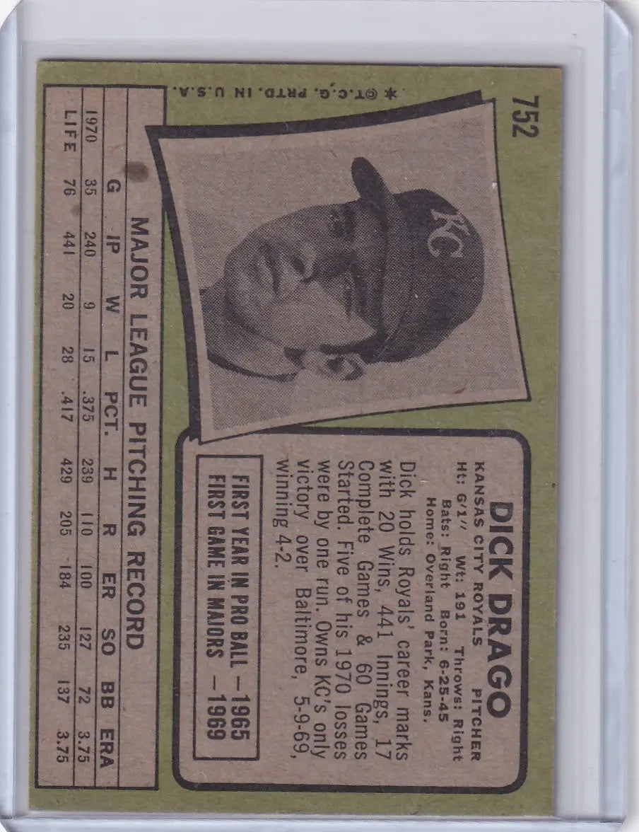 Vintage 1971 Topps Baseball card featuring Dick Drago of the Kansas City Royals