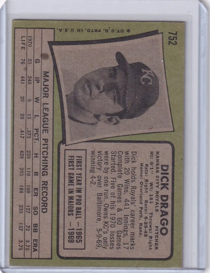 Vintage 1971 Topps Baseball card featuring Dick Drago of the Kansas City Royals