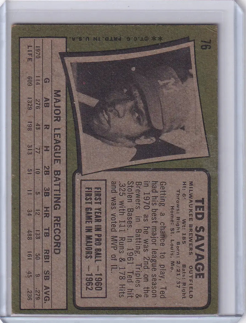 1971 Topps Baseball #76 Ted Savage - Milwaukee Brewers