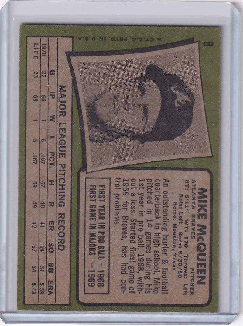 1971 Topps Baseball #8 Mike McQueen - Atlanta Braves