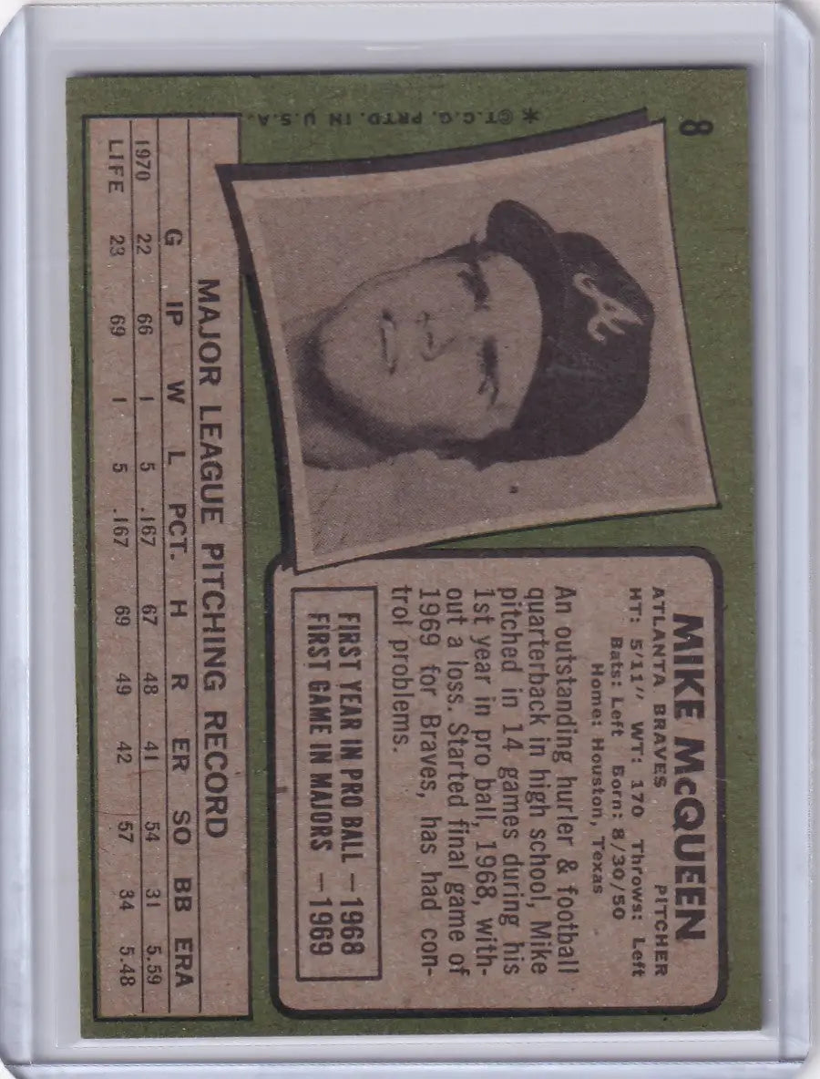 Vintage Topps Baseball card of Mike McQueen from Atlanta Braves with player stats