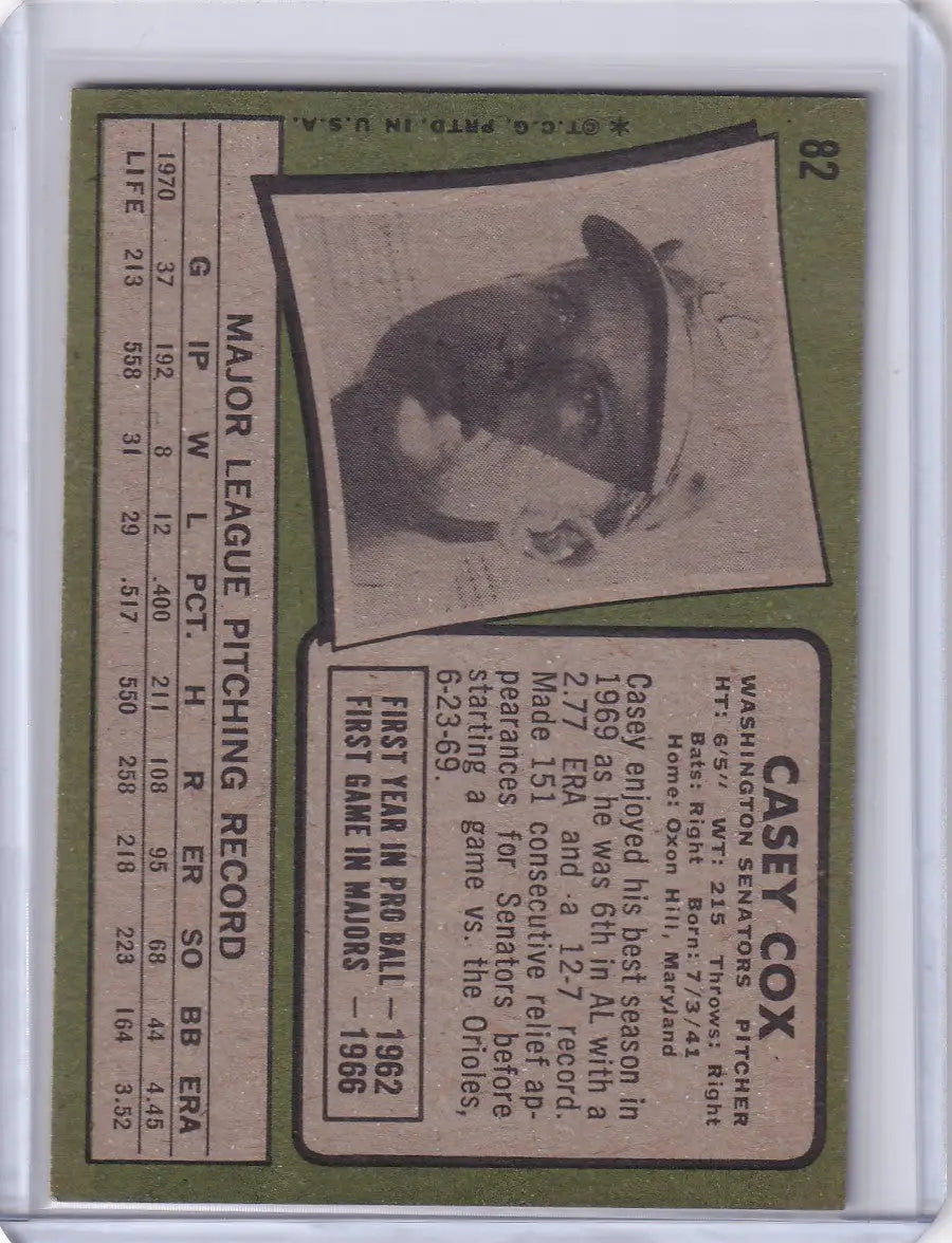 Baseball card of Casey Cox from 1971 Topps Baseball, Washington Senators player