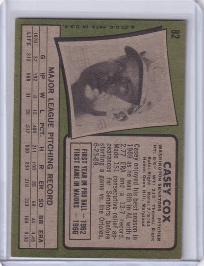 Baseball card of Casey Cox from 1971 Topps Baseball, Washington Senators player