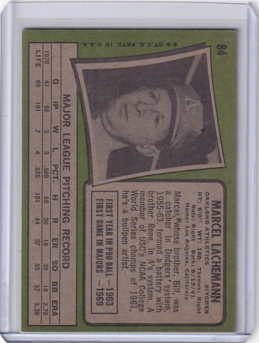 1971 Topps Baseball #84 Marcel Lachemann - Oakland Athletics RC