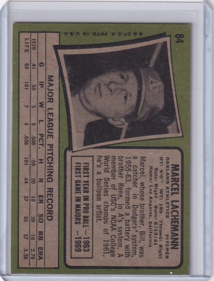 1971 Topps Baseball #84 Marcel Lachemann - Oakland Athletics RC