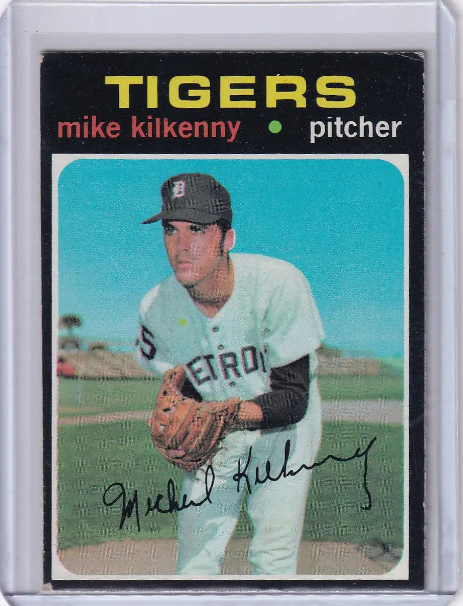 1971 Topps Baseball card of Mike Kilkenny, Detroit Tigers pitcher in white uniform