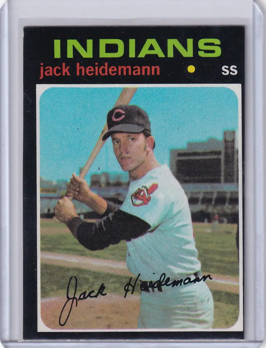 Baseball card of Jack Heidemann in batting stance for Topps Baseball Cleveland Indians RC