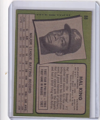 Vintage 1971 Topps Baseball card of Hal King from Atlanta Braves in dark cap