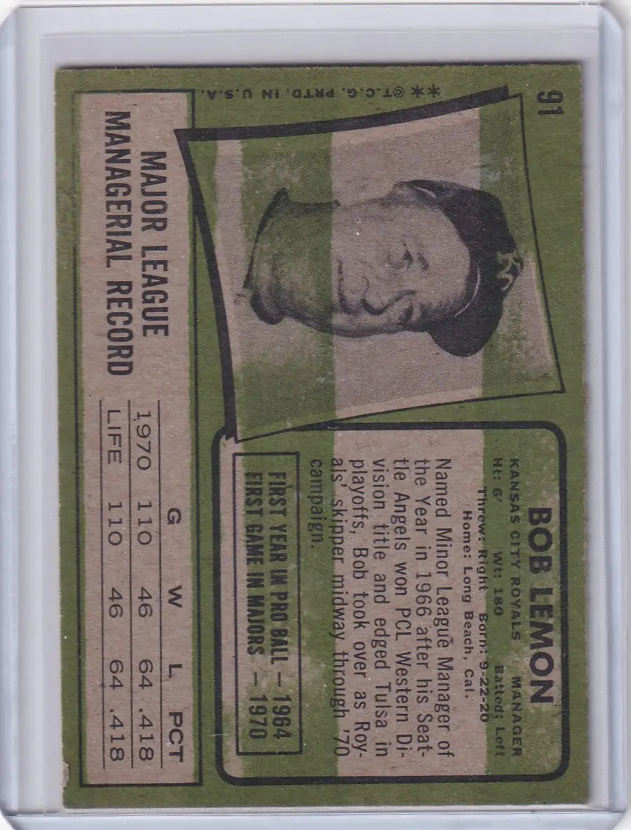1971 Topps Baseball #91 Bob Lemon - Kansas City Royals