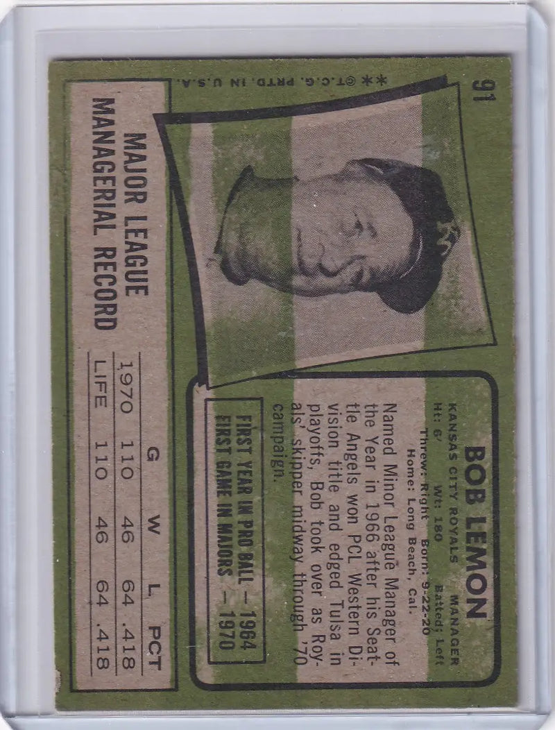 1971 Topps Baseball #91 Bob Lemon - Kansas City Royals