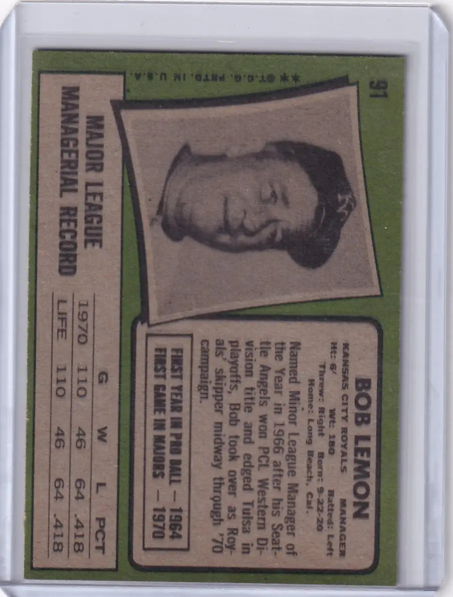 Baseball card of Bob Lemon, Kansas City Royals player, on a green background