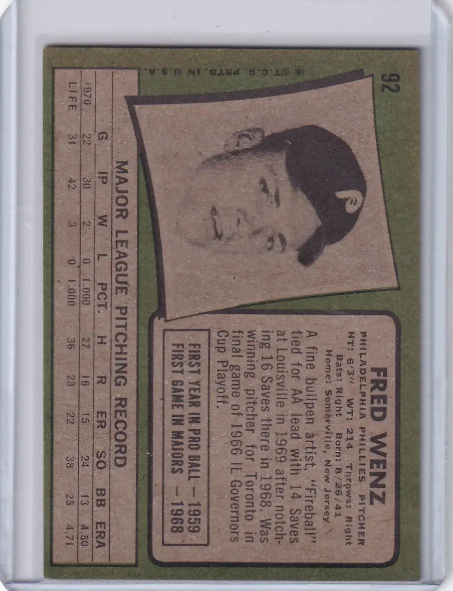 1971 Topps Baseball #92 Fred Wenz - Philadelphia Phillies