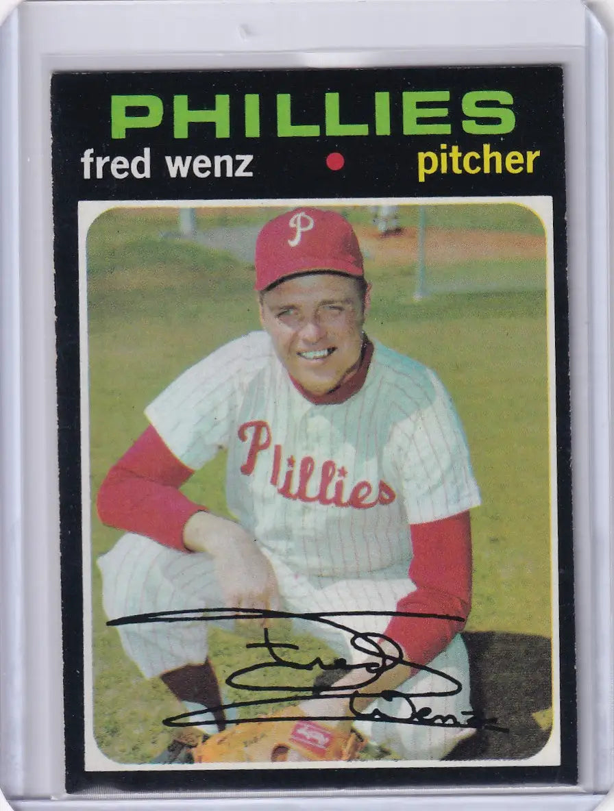 1971 Topps Baseball card of Fred Wenz, pitcher for Philadelphia Phillies in uniform