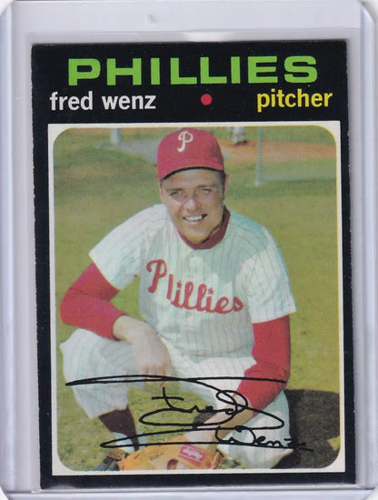 1971 Topps Baseball card of Fred Wenz, pitcher for Philadelphia Phillies in uniform