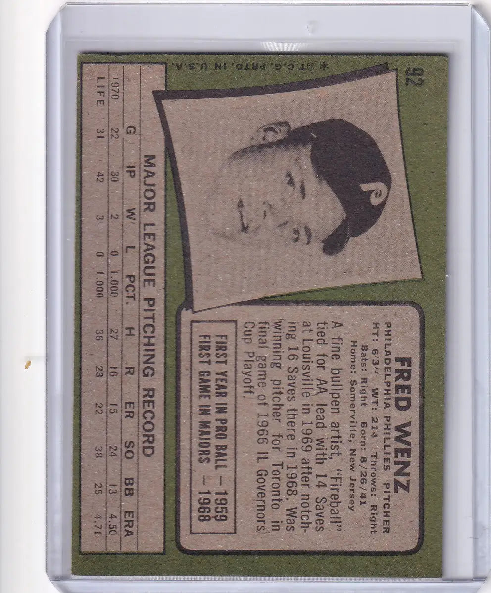 Baseball card of Fred Wenz from 1971 Topps Baseball for the Philadelphia Phillies