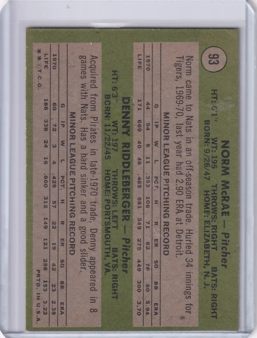 1971 Topps Baseball #93 Senators Rookies - Norm McRae / Denny Riddleberger RC